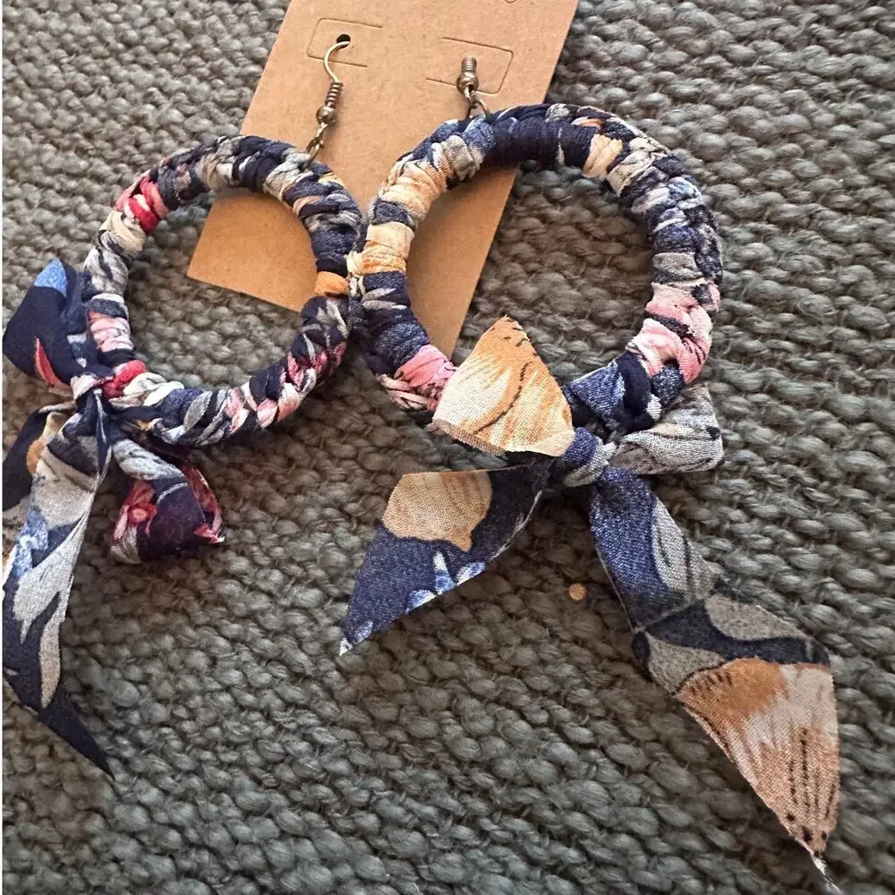Navy Floral Fabric Wrapped Hoop Earrings.